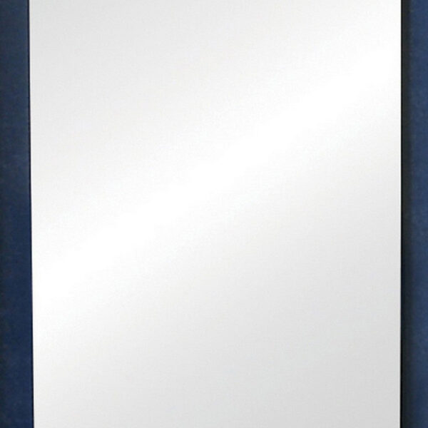 Cale 40 Inch Modern Glam Portrait Mirror, Nailhead, Blue Velvet Upholstered