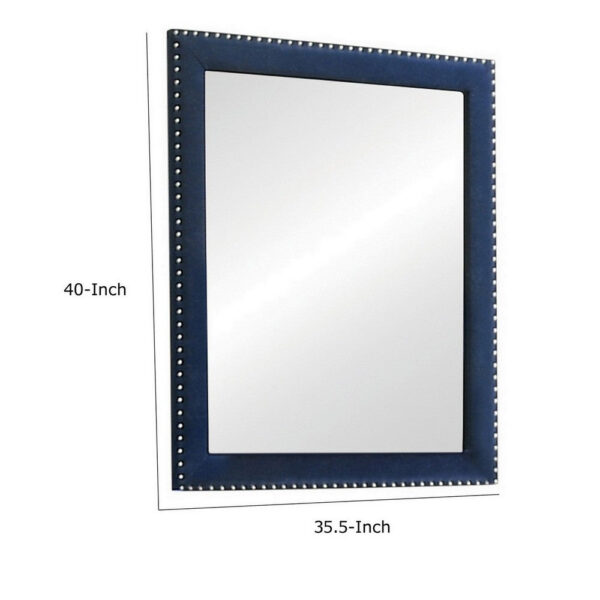 Cale 40 Inch Modern Glam Portrait Mirror, Nailhead, Blue Velvet Upholstered
