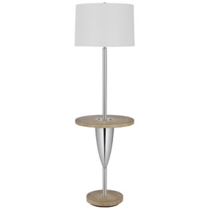 Charlie 61 Inch Modern Floor Lamp, Wood Table, 1 USB, Glossy, White, Brown