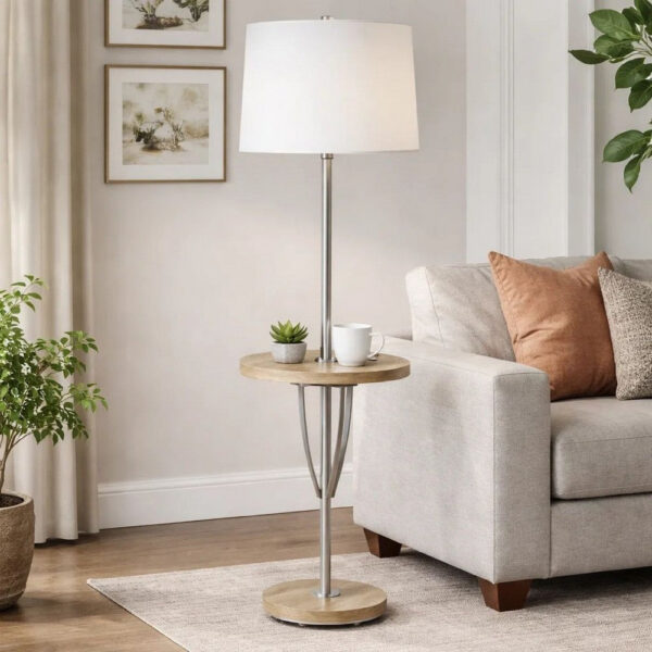 Charlie 61 Inch Modern Floor Lamp, Wood Table, 1 USB, Glossy, White, Brown