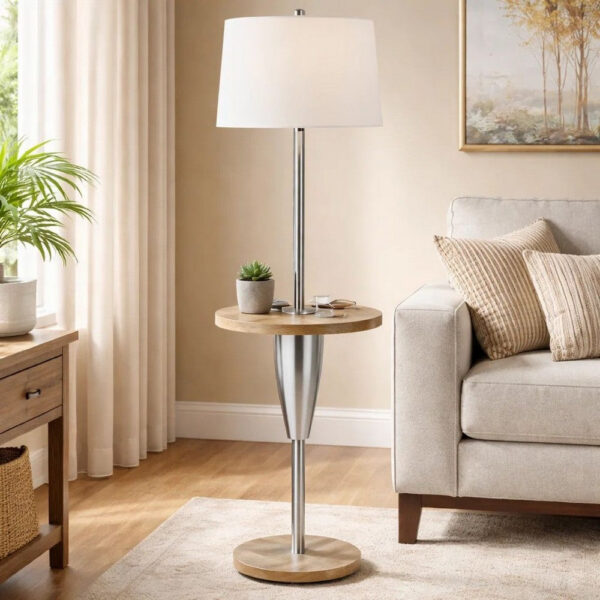 Charlie 61 Inch Modern Floor Lamp, Wood Table, 1 USB, Glossy, White, Brown