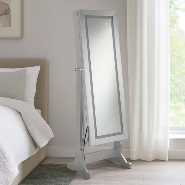 58 Inch Full Body Floor Cheval Mirror, Jewelry Storage, LED, Silver