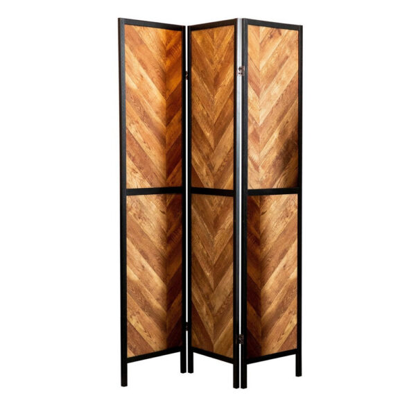 70 Inch Modern 3 Panel Folding Room Divider, Herringbone Pattern, Brown