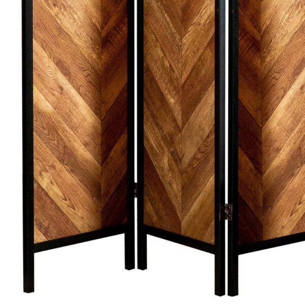 70 Inch Modern 3 Panel Folding Room Divider, Herringbone Pattern, Brown