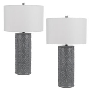 29 Inch Accent Table Lamp Set of 2, Tall Cylinder, Ball Finial Accent, Gray