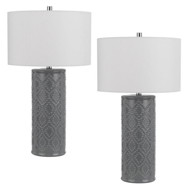 29 Inch Accent Table Lamp Set of 2, Tall Cylinder, Ball Finial Accent, Gray