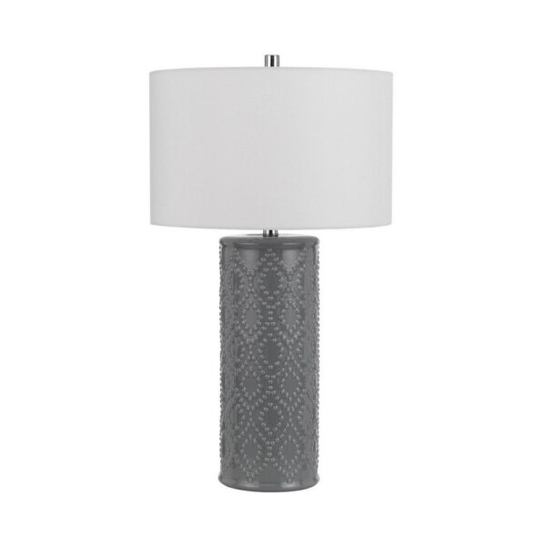 29 Inch Accent Table Lamp Set of 2, Tall Cylinder, Ball Finial Accent, Gray