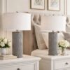 29 Inch Accent Table Lamp Set of 2, Tall Cylinder, Ball Finial Accent, Gray