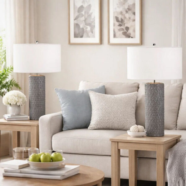 29 Inch Accent Table Lamp Set of 2, Tall Cylinder, Ball Finial Accent, Gray