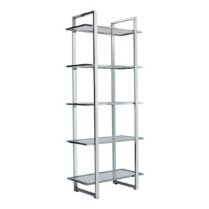 79 Inch Bookcase, Metal Frame, Tempered Glass Shelves, Polished, Silver