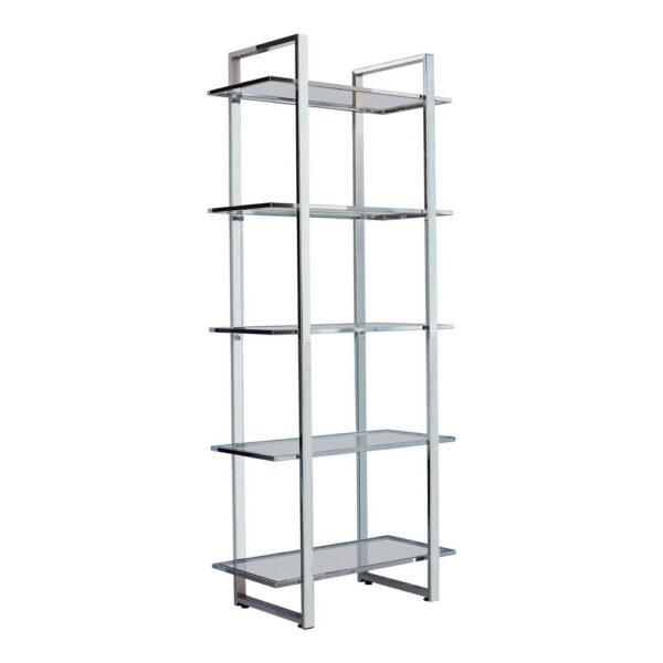 15022026699182d07f3fd.jpeg 79 Inch Bookcase, Metal Frame, Tempered Glass Shelves, Polished, Silver