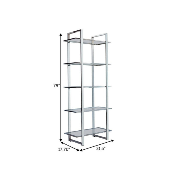 15022026699182d607ee7.jpeg 79 Inch Bookcase, Metal Frame, Tempered Glass Shelves, Polished, Silver