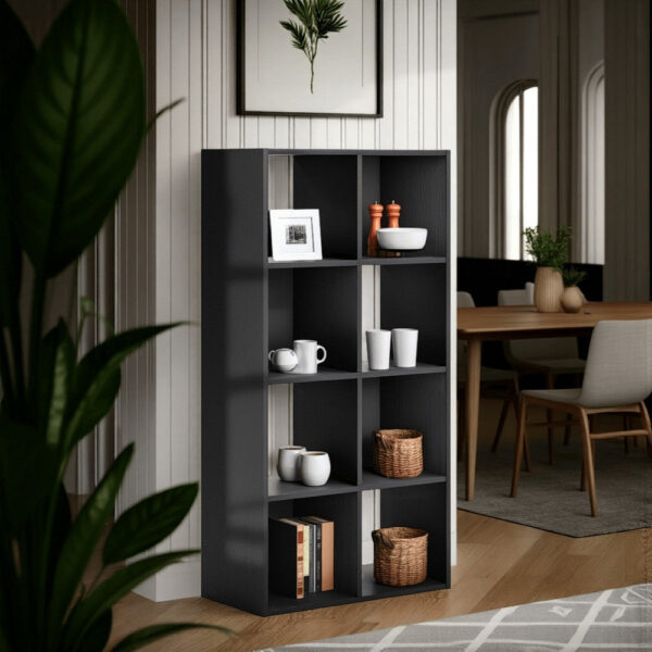 Zayla 48 Inch Tall Wood Bookcase Organizer, 8 Cube Compartments, Black