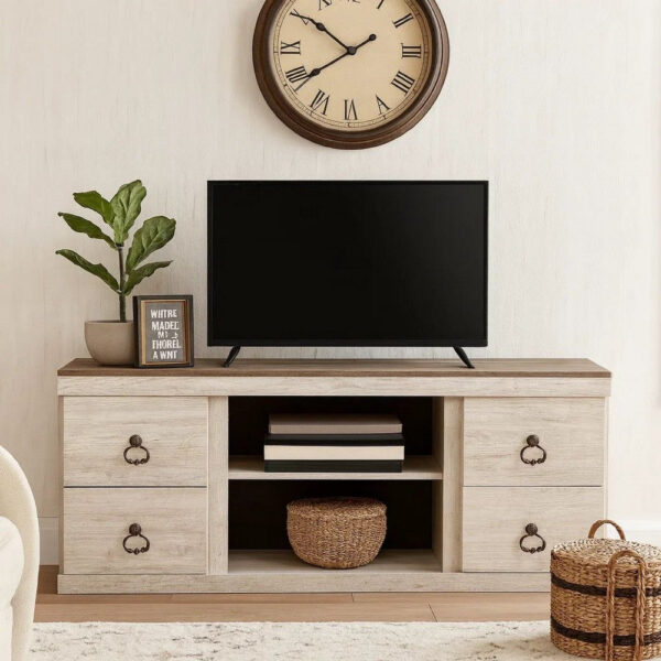 60 Inch Rustic TV Media Entertainment Console, Round Handles, Wood, White
