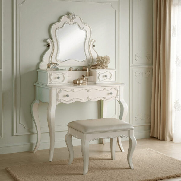 15022026699183e6eb590.jpeg 63 Inch Wood Classic Vanity Desk with Mirror, 3 Drawers, Carved, White