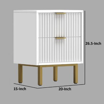 Beth 27 Inch 2 Drawer Nightstand, Corrugated, Mahogany Wood, White, Gold