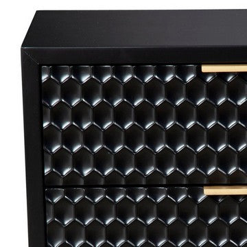 Rexi 26 Inch 2 Drawer Nightstand, Honeycomb, Mahogany Wood, Black, Gold