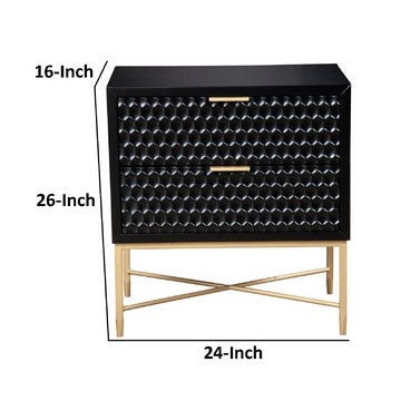 Rexi 26 Inch 2 Drawer Nightstand, Honeycomb, Mahogany Wood, Black, Gold