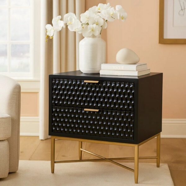Rexi 26 Inch 2 Drawer Nightstand, Honeycomb, Mahogany Wood, Black, Gold