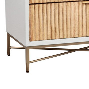 Eli 34 Inch 3 Drawer Small Dresser Nightstand, Corrugated Panels, White, Gold