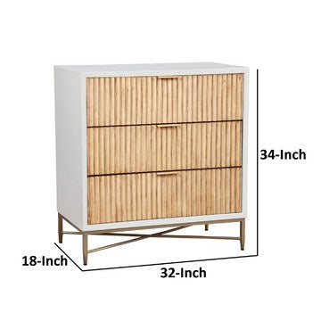 Eli 34 Inch 3 Drawer Small Dresser Nightstand, Corrugated Panels, White, Gold