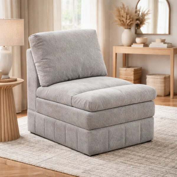 Luna 35 Inch Modular Armless Chair, Three Layer Plush Cushioned Seat, Gray