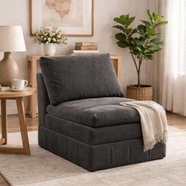 Luna 35 Inch Modular Armless Chair, 3 Layer Plush Cushion Seat, Dark Gray