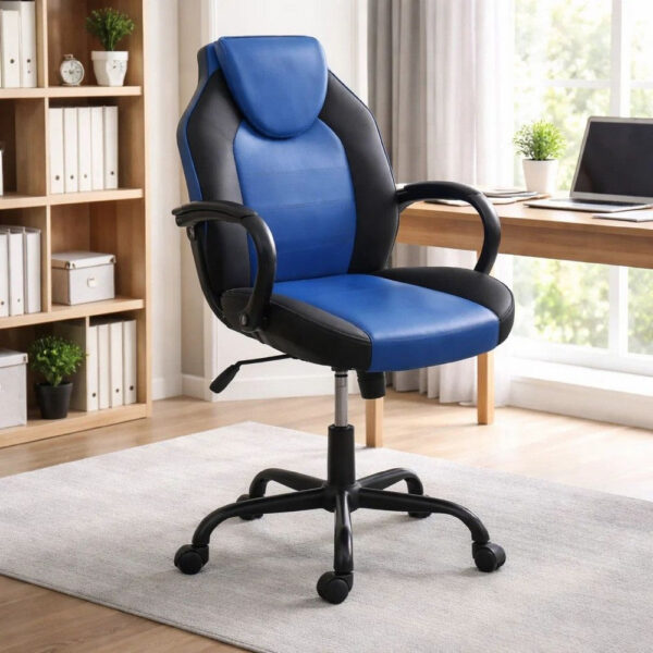 1502202669918510202b4.jpeg Rue 27 Inch Ergonomic Office Chair, Faux Leather Swivel Seat, Black, Blue