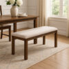 48 Inch Classic Fabric Upholstered Dining Bench, Pine Wood, Ivory and Brown