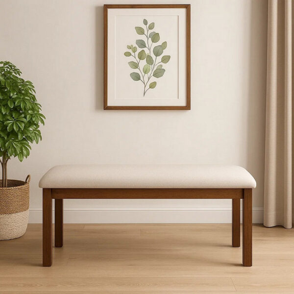 48 Inch Classic Fabric Upholstered Dining Bench, Pine Wood, Ivory and Brown