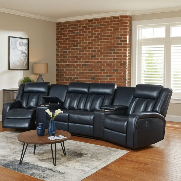 150220266991858e911b5.jpeg Max 5 Piece Manual Recliner Sectional Set, Vegan Faux Leather, Navy Blue