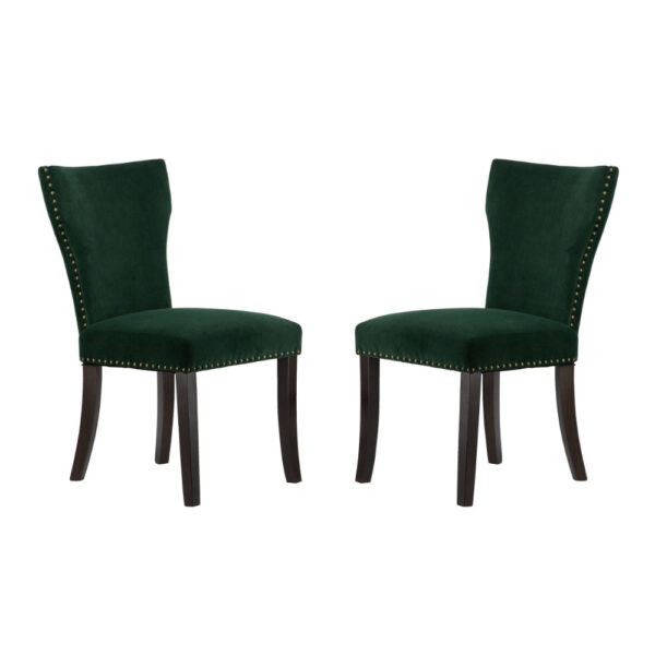 Devi 25 Inch Curved Dining Chair, Green Velvet Upholstery, Nailhead Trim