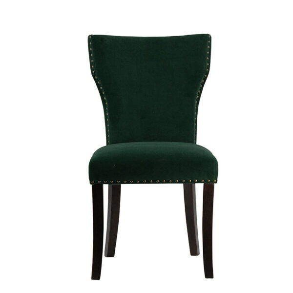 Devi 25 Inch Curved Dining Chair, Green Velvet Upholstery, Nailhead Trim