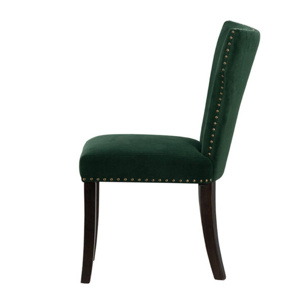 Devi 25 Inch Curved Dining Chair, Green Velvet Upholstery, Nailhead Trim