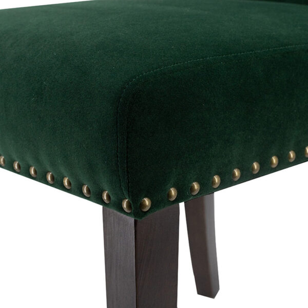 Devi 25 Inch Curved Dining Chair, Green Velvet Upholstery, Nailhead Trim