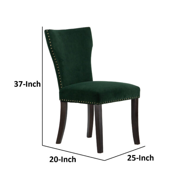Devi 25 Inch Curved Dining Chair, Green Velvet Upholstery, Nailhead Trim