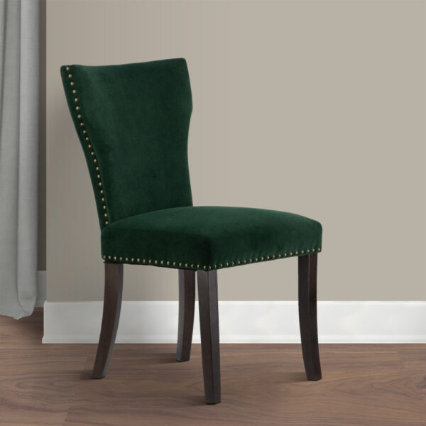 Devi 25 Inch Curved Dining Chair, Green Velvet Upholstery, Nailhead Trim