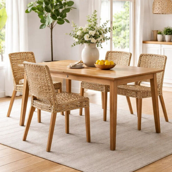 21 Inch Dining Side Chair, Woven Rattan Backrest, Wood Frame, Natural Brown