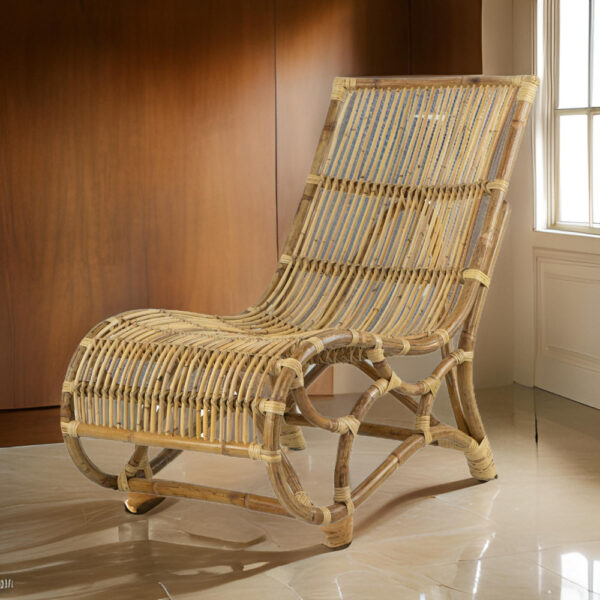 35 Inch Retro Style Rattan Lounge Chair, Slatted Support, Natural Brown