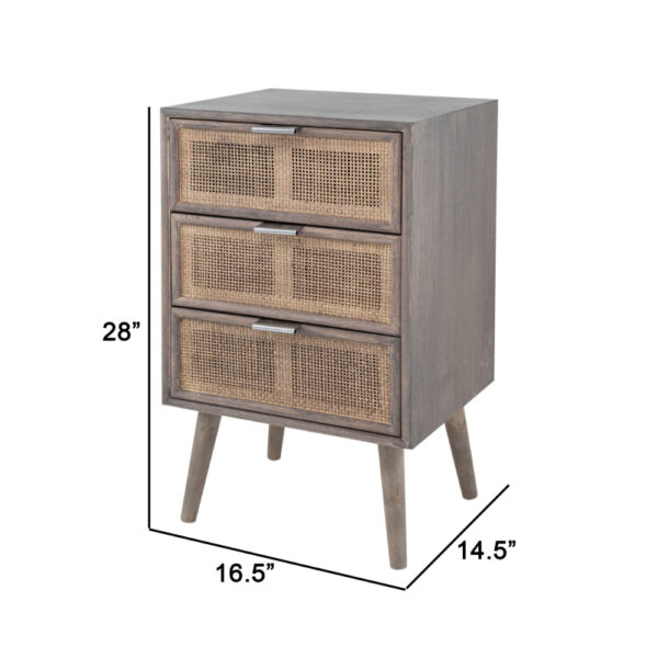 Cae 28 Inch Dresser Chest, 3 Drawers, Pine Wood, Rattan Panels, Dark Gray