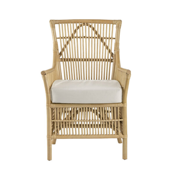 23 Inch Rattan Dining Armchair, White Fabric Padded Seat, Natural Brown