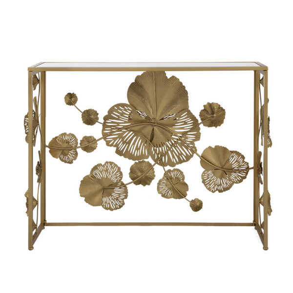 39 Inch Mirrored Top Console Table, Elegant Floral Design, Iron, Matte Gold