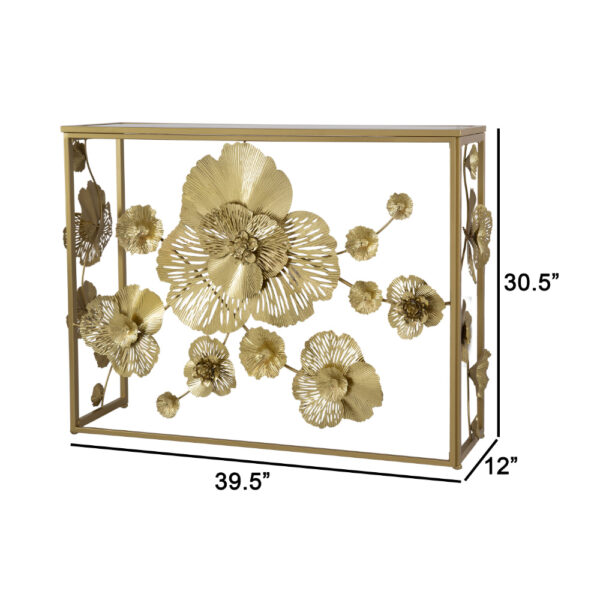 39 Inch Mirrored Top Console Table, Elegant Floral Design, Iron, Matte Gold