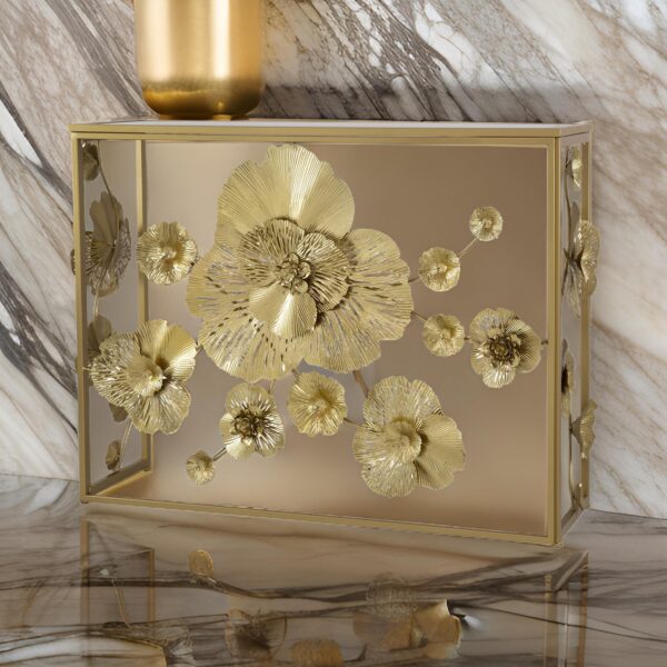 39 Inch Mirrored Top Console Table, Elegant Floral Design, Iron, Matte Gold