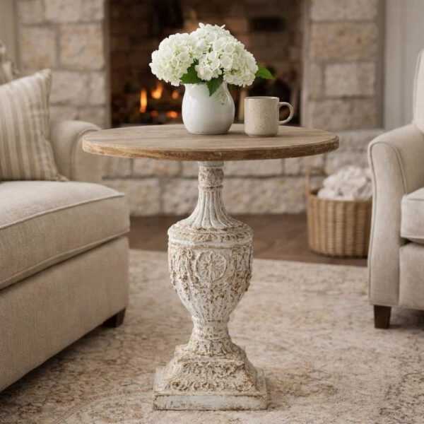 31 Inch Round Accent Side Table, Fir Wood, Engraved, Brown, Antique White