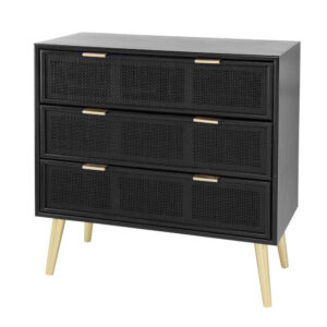 150220266991871faf972.jpeg 31 Inch Dresser Chest Cabinet, 3 Drawers, Woven Rattan, Modern, Black, Gold