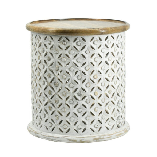 1502202669918736bdcf1.jpeg 18, 16 Inch Accent Tables, Round, Mango Wood, Floral Cut Out, Brown, White