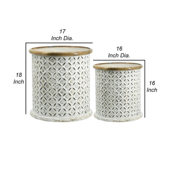 150220266991873bf0ae0.jpeg 18, 16 Inch Accent Tables, Round, Mango Wood, Floral Cut Out, Brown, White