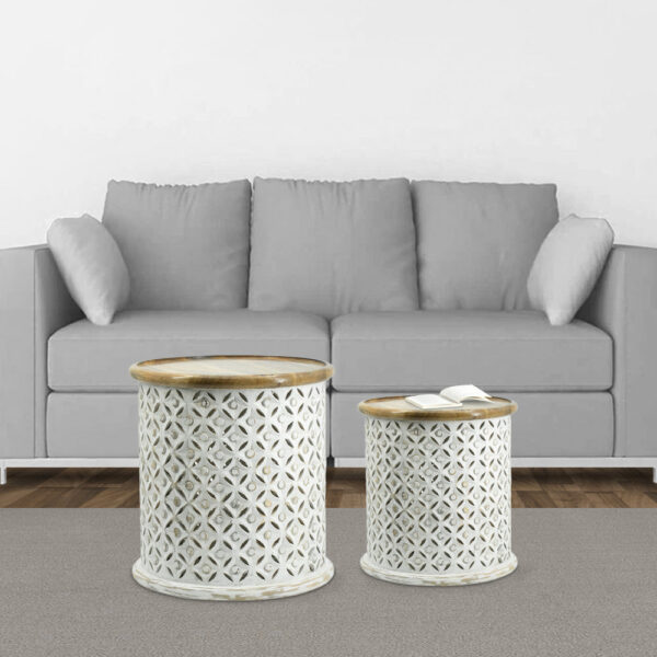 150220266991873d99968.jpeg 18, 16 Inch Accent Tables, Round, Mango Wood, Floral Cut Out, Brown, White