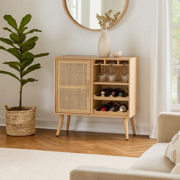 Dana 31 Inch Wood Wine Cabinet, 2 Shelves, Glass Hanger, Rattan Door, Brown